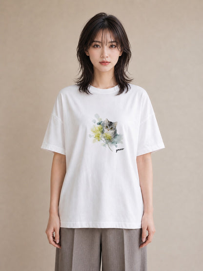 プリントTシャツ レディース 猫好き 猫 ねこ イラスト 淡色 友達ギフト 部屋着 白T YMAZO