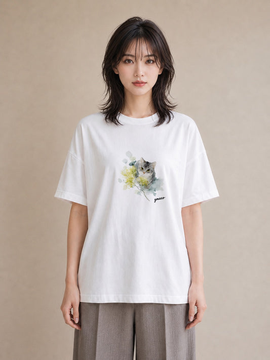 プリントTシャツ レディース 猫好き 猫 ねこ イラスト 淡色 友達ギフト 部屋着 白T YMAZO