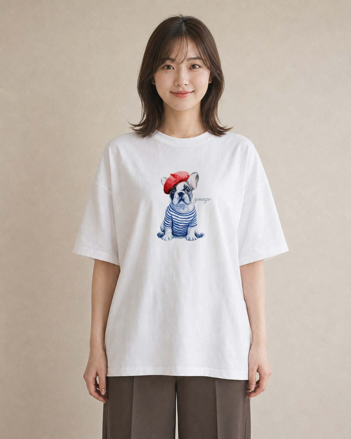 Tシャツ レディース フレンチブルドッグ フレブル 犬 いぬ イラスト カフェコーデ 送別ギフト 通勤 白T YMAZO