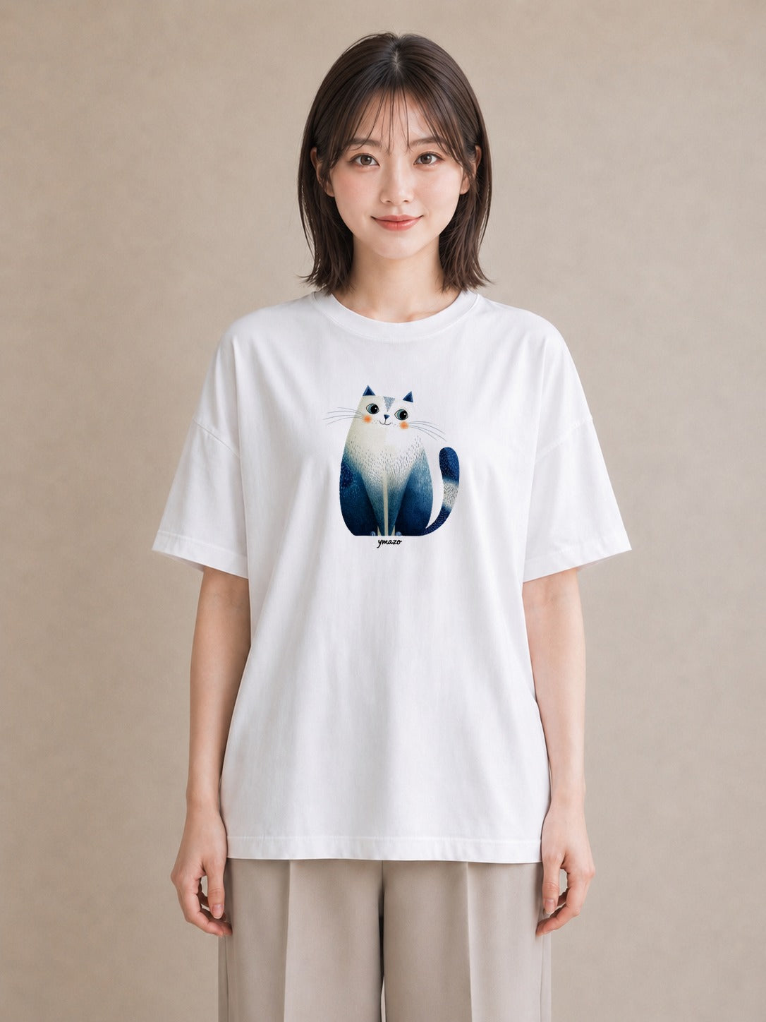 Tシャツ レディース ペルシャ 猫 ねこ イラスト ボタニカル 20代 カジュアルコーデ 白T YMAZO