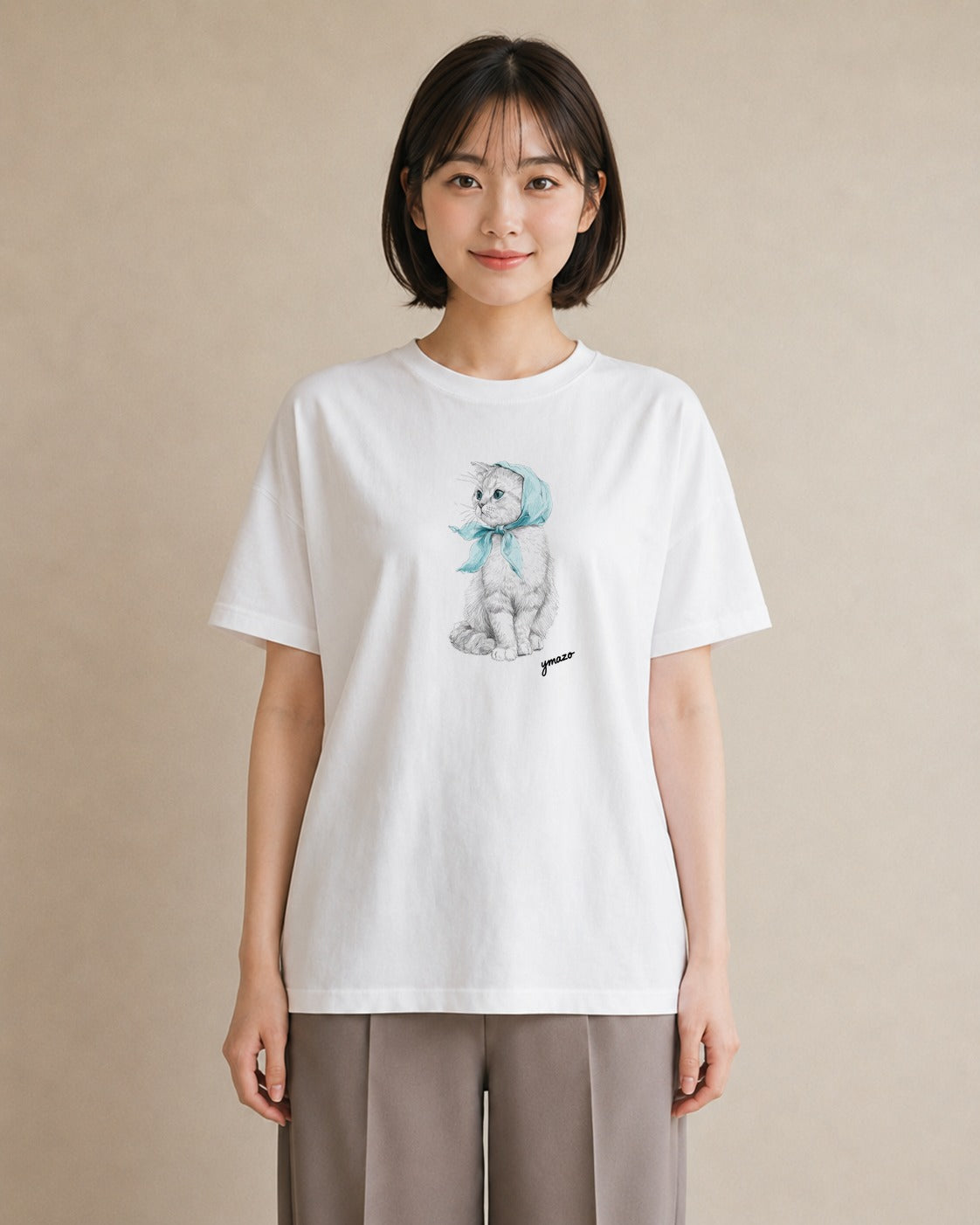 デザインTシャツ レディース スコティッシュフォールド 猫 ねこ イラスト 抜け感 社会人 女性 白T YMAZO