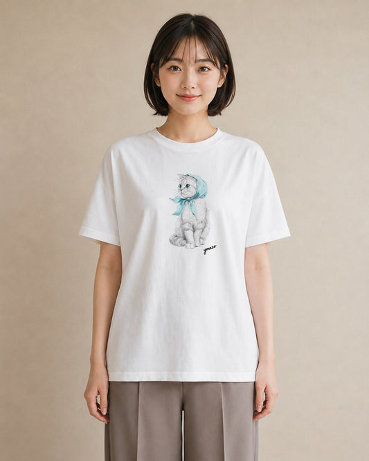 デザインTシャツ レディース スコティッシュフォールド 猫 ねこ イラスト 抜け感 社会人 女性 白T YMAZO
