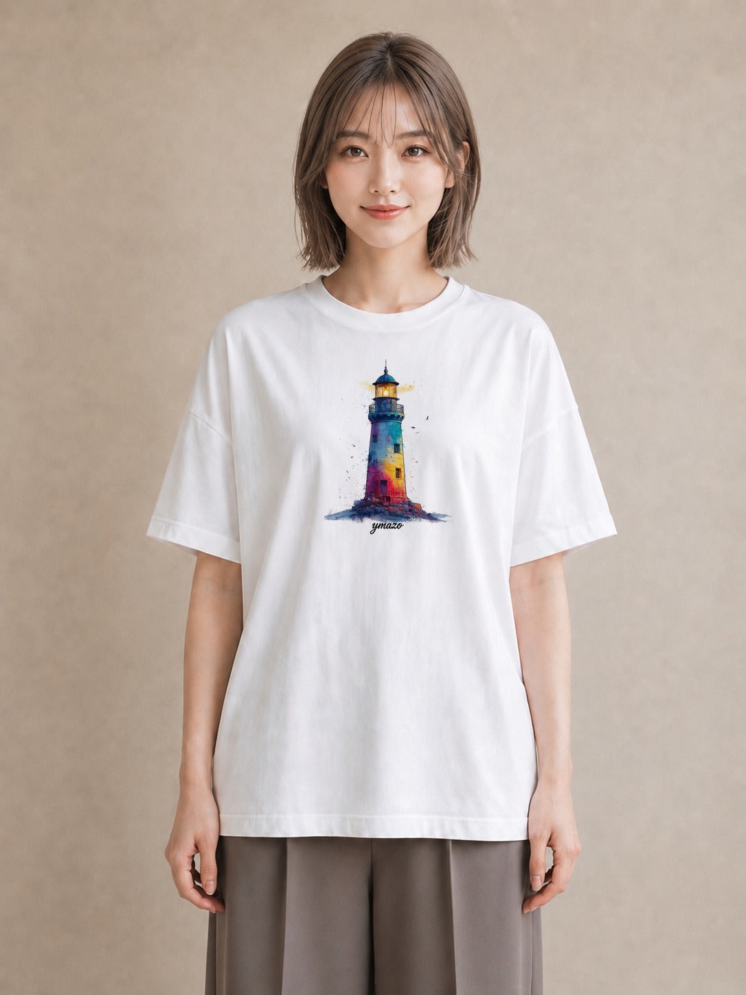 グラフィックTシャツ レディース 灯台 霧 海 ナチュラル アンティーク イラスト モード 秋コーデ おしゃれギフト 白T YMAZO