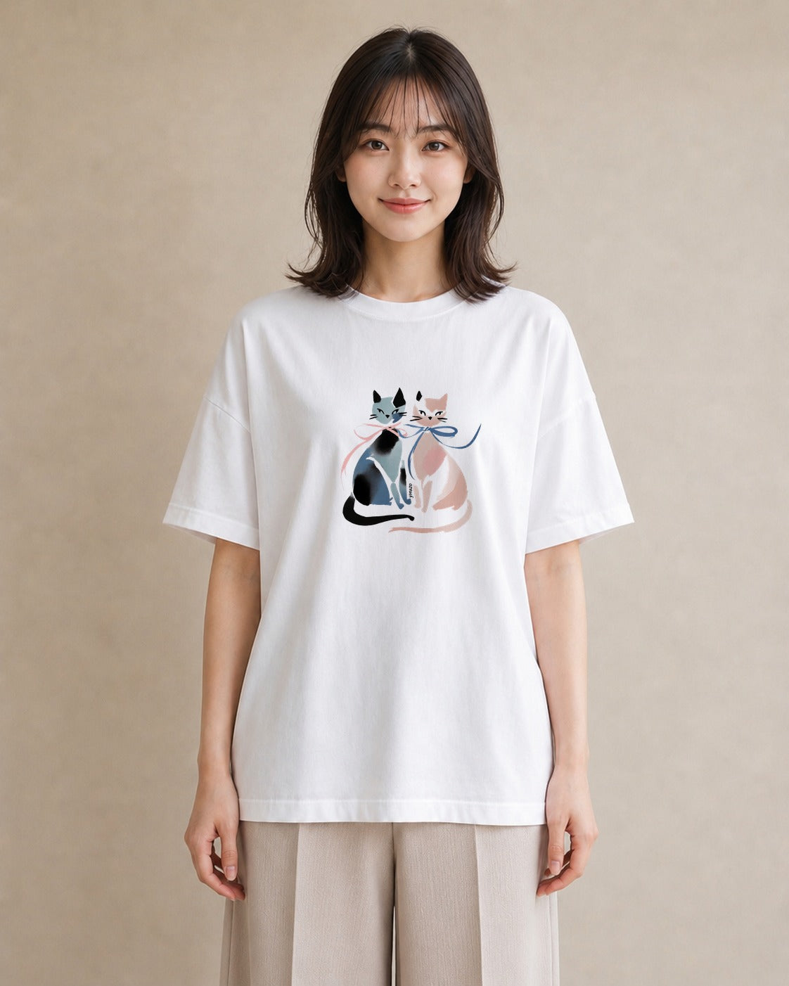 デザインTシャツ レディース ハチワレ 白黒猫 猫 ねこ イラスト 在宅 公園 白T YMAZO