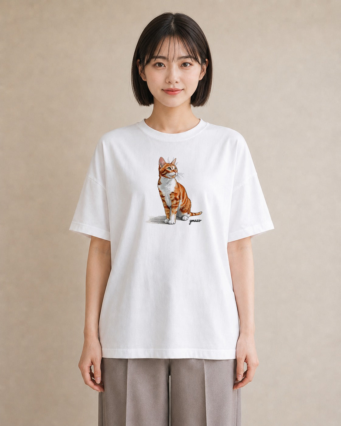 プリントTシャツ レディース おすわり猫 猫 ねこ イラスト モード 送別ギフト 通勤 白T YMAZO
