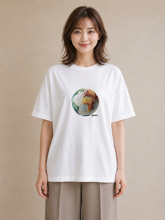 半袖Tシャツ レディース 地球 星空 宇宙 イラスト 北欧風 誕生日プレゼント 綿100 白T YMAZO