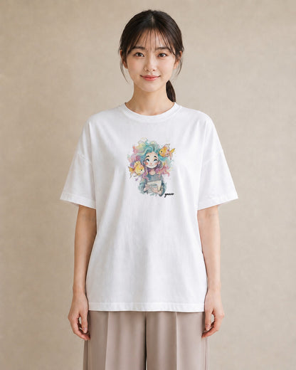 グラフィックTシャツ レディース 人魚 海の生き物 海 イラスト ガーリー 普段着 週末コーデ 白T YMAZO