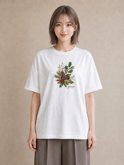 デザインTシャツ レディース 松ぼっくり 植物 ボタニカル イラスト レイヤード 友達ギフト 白T YMAZO