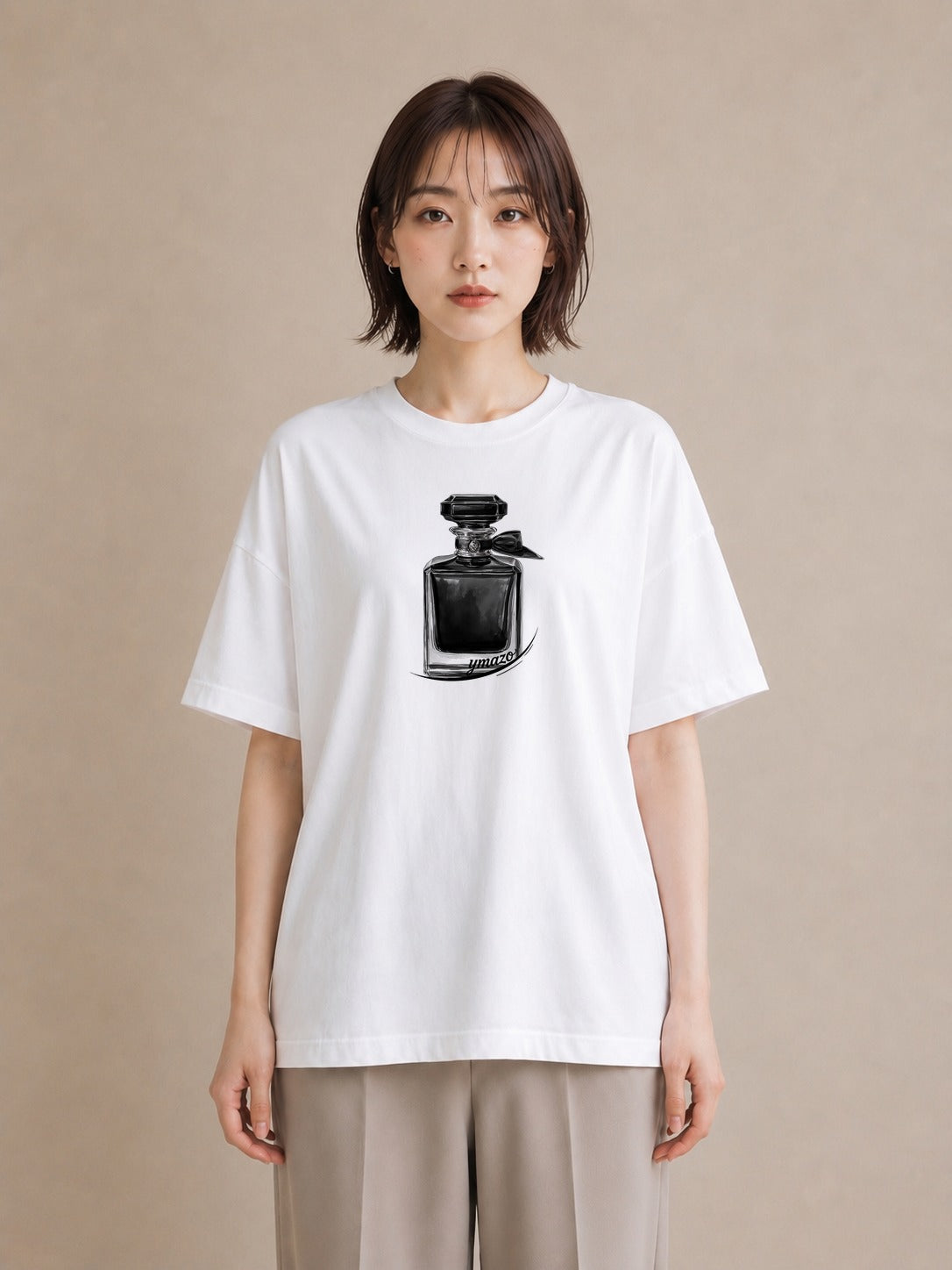 プリントTシャツ レディース 香水 香水瓶 パフューム イラスト カフェ巡り 女子会 白T YMAZO
