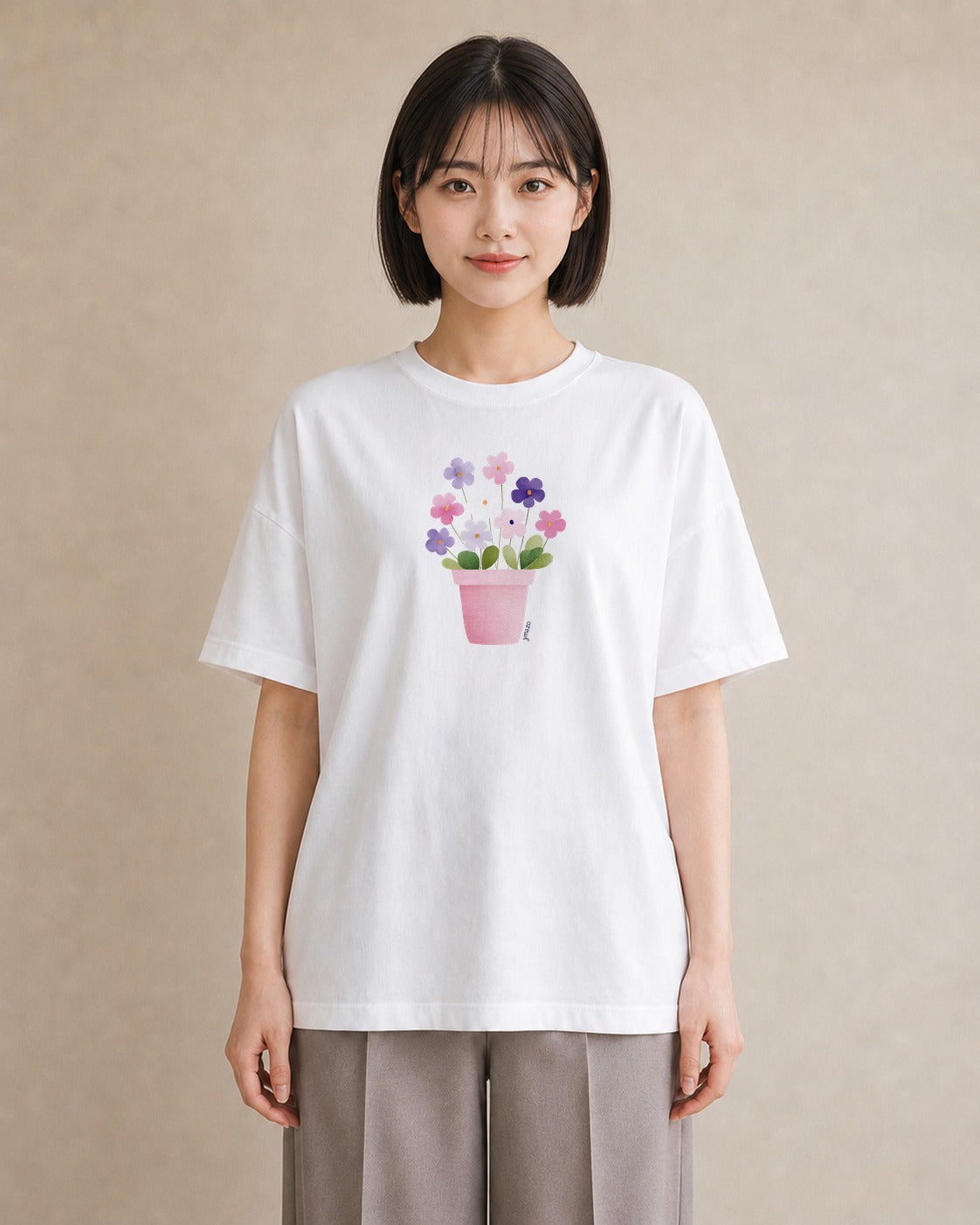 グラフィックTシャツ レディース パンジー 花 花柄 イラスト アート風 自分用 ルームウェア 白T