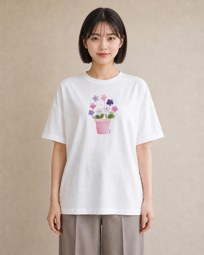 グラフィックTシャツ レディース パンジー 花 花柄 イラスト アート風 自分用 ルームウェア 白T