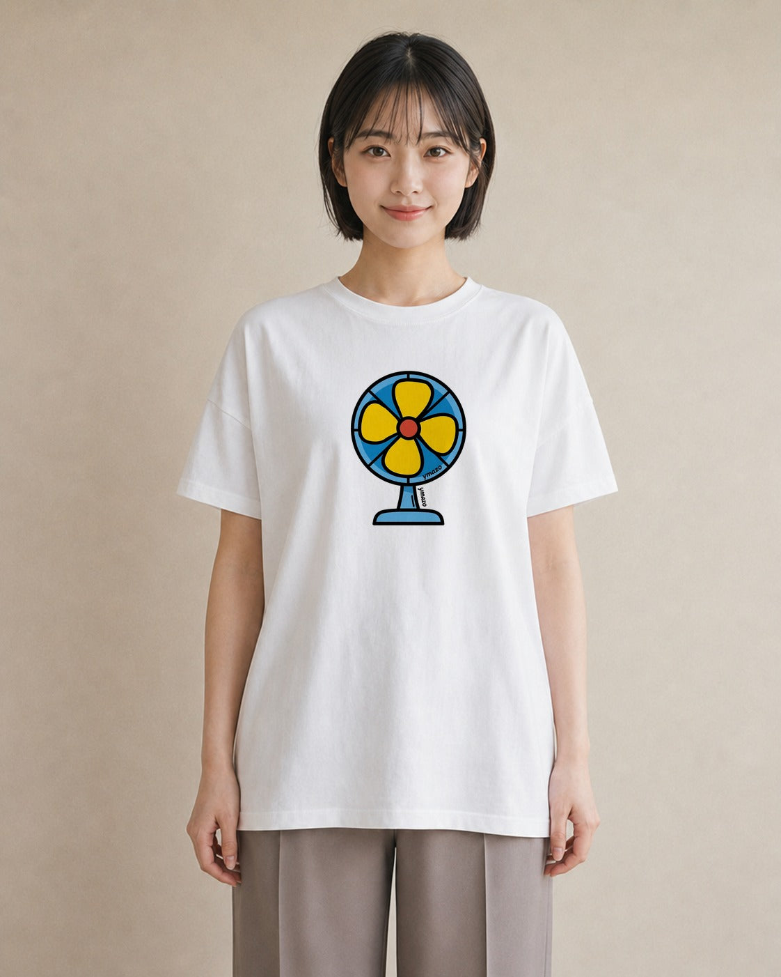 Tシャツ レディース 扇子 そよ風 ナチュラル アンティーク イラスト ラフ レイヤード 白T YMAZO