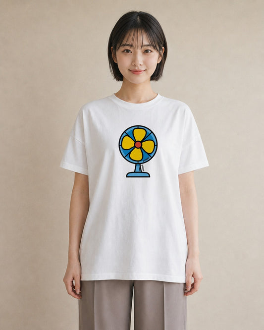 Tシャツ レディース 扇子 そよ風 ナチュラル アンティーク イラスト ラフ レイヤード 白T YMAZO