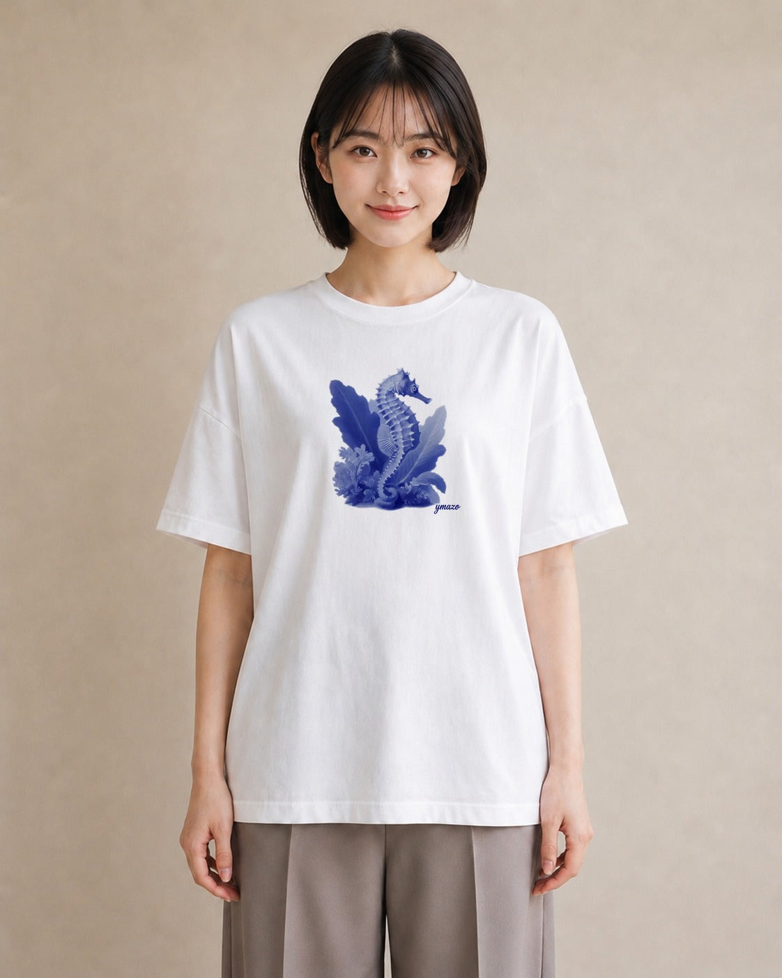 プリントTシャツ レディース タツノオトシゴ 海の生き物 海 イラスト お洒落 綿100 デート 白T YMAZO