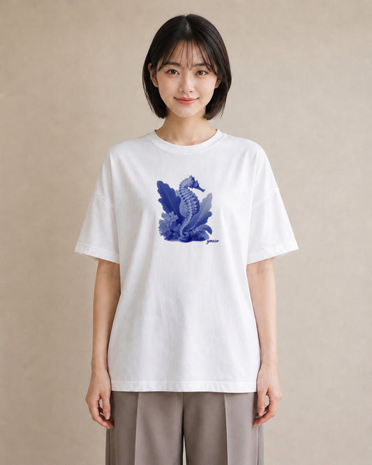 プリントTシャツ レディース タツノオトシゴ 海の生き物 海 イラスト お洒落 綿100 デート 白T YMAZO