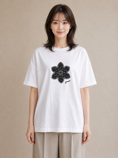 デザインTシャツ レディース レースハンカチ レース ハンカチ ナチュラル アンティーク イラスト 北欧風 女性 旅行用 白T YMAZO