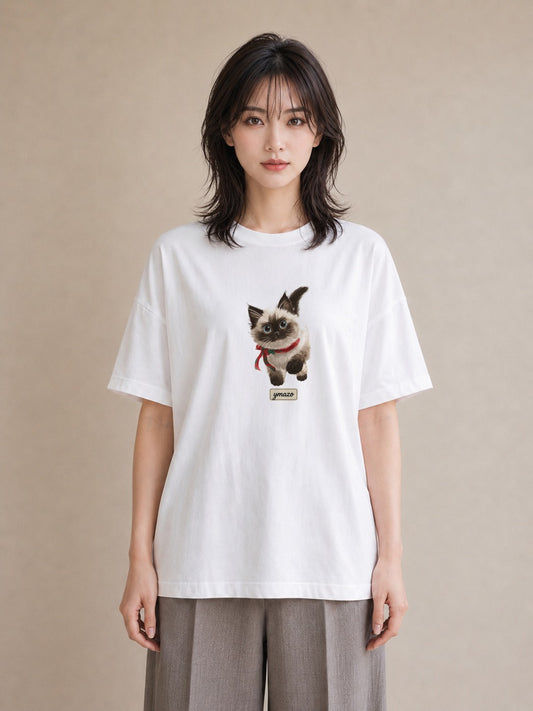Tシャツ レディース シャム柄 猫 ねこ イラスト フェミニン 夏コーデ 通学 白T YMAZO