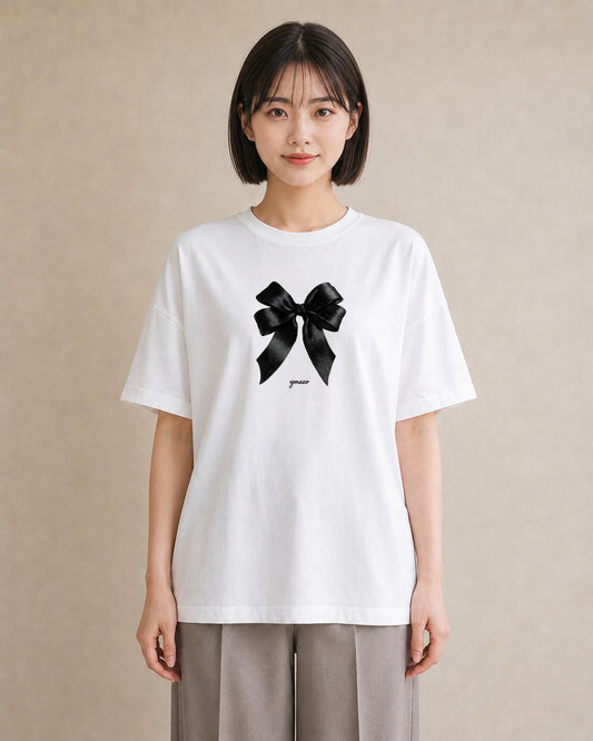 グラフィックTシャツ レディース リボン ボウ りぼん イラスト カフェコーデ お出かけ 普段着 白T YMAZO