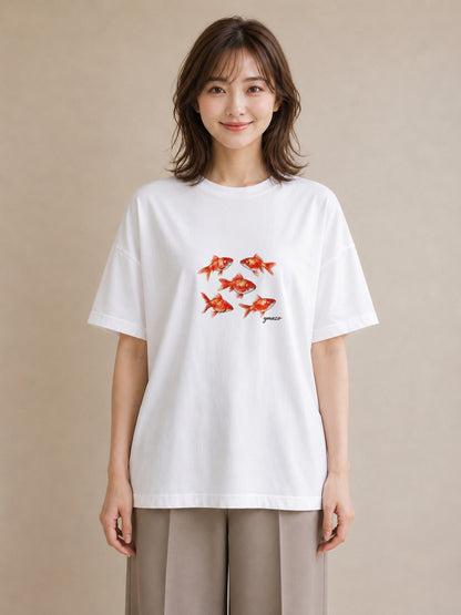 デザインTシャツ レディース 出目金 ペット 動物 イラスト お洒落 週末コーデ 敬老の日 白T YMAZO