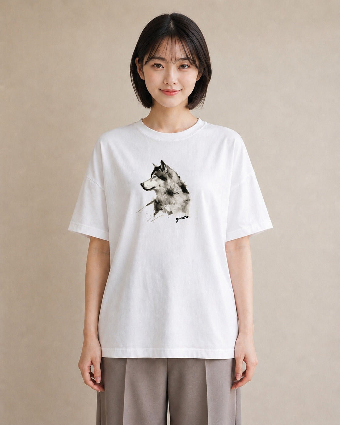 グラフィックTシャツ レディース シベリアンハスキー 犬 いぬ イラスト アート風 在宅 公園 白T YMAZO