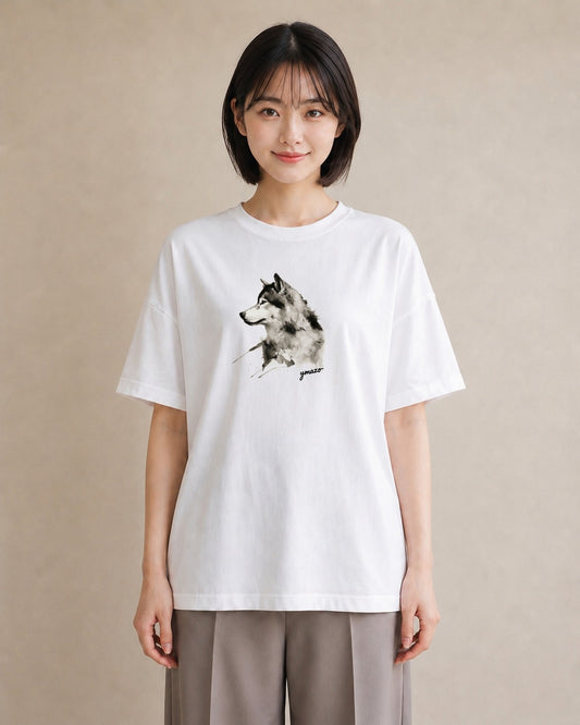 グラフィックTシャツ レディース シベリアンハスキー 犬 いぬ イラスト アート風 在宅 公園 白T YMAZO