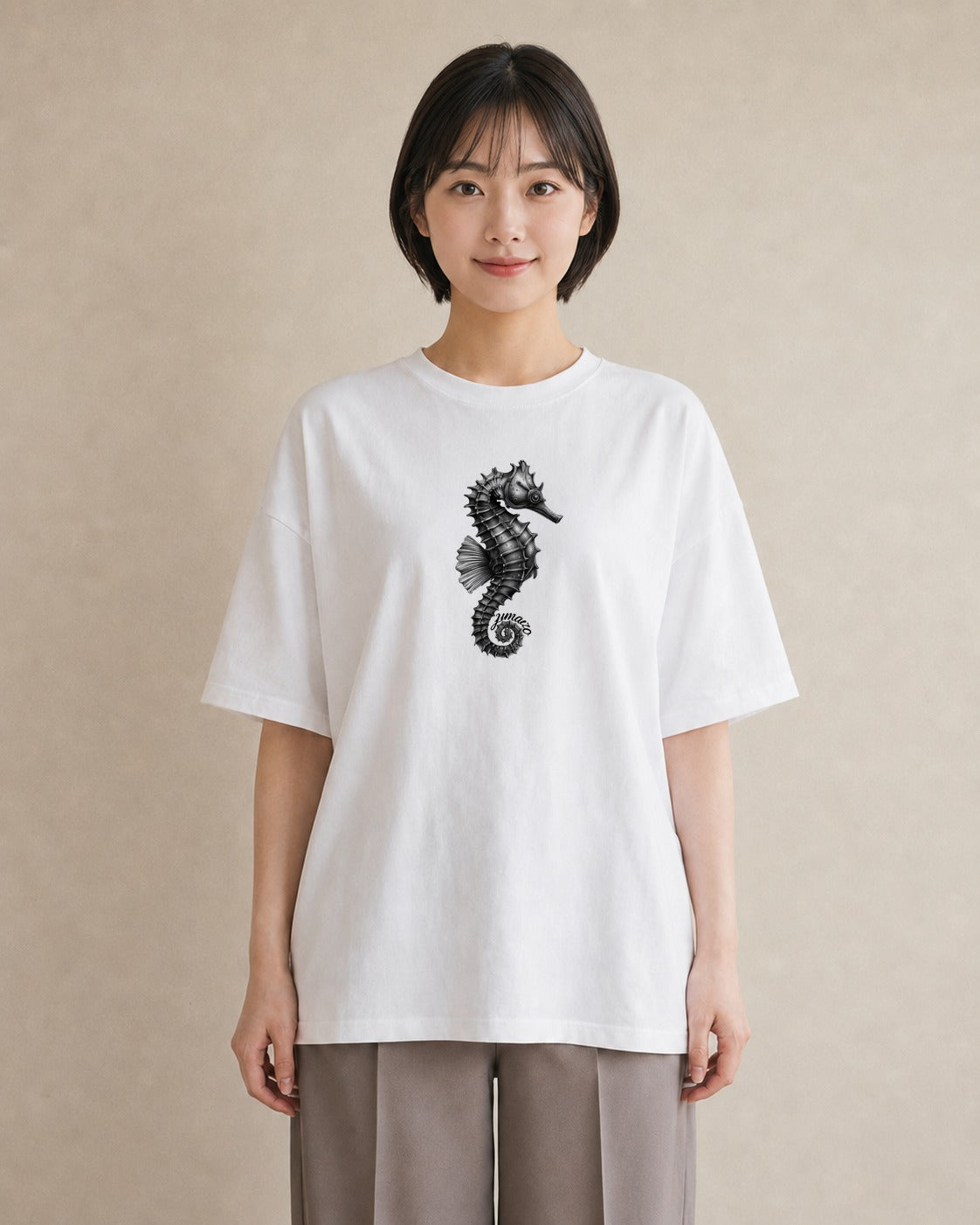 デザインTシャツ レディース タツノオトシゴ 海の生き物 海 イラスト ミニマル 綿100 デート 白T YMAZO