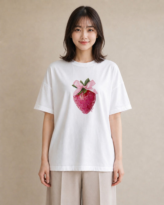 グラフィックTシャツ レディース いちご 苺 ストロベリー 食べ物 フード イラスト ヴィンテージ風 在宅 公園 白T YMAZO