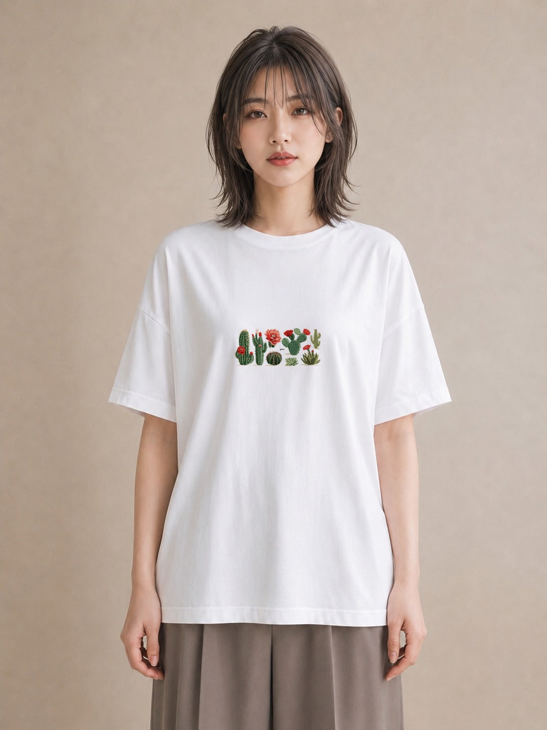 デザインTシャツ レディース サボテン 植物 ボタニカル イラスト ラフ 女性 旅行用 白T YMAZO