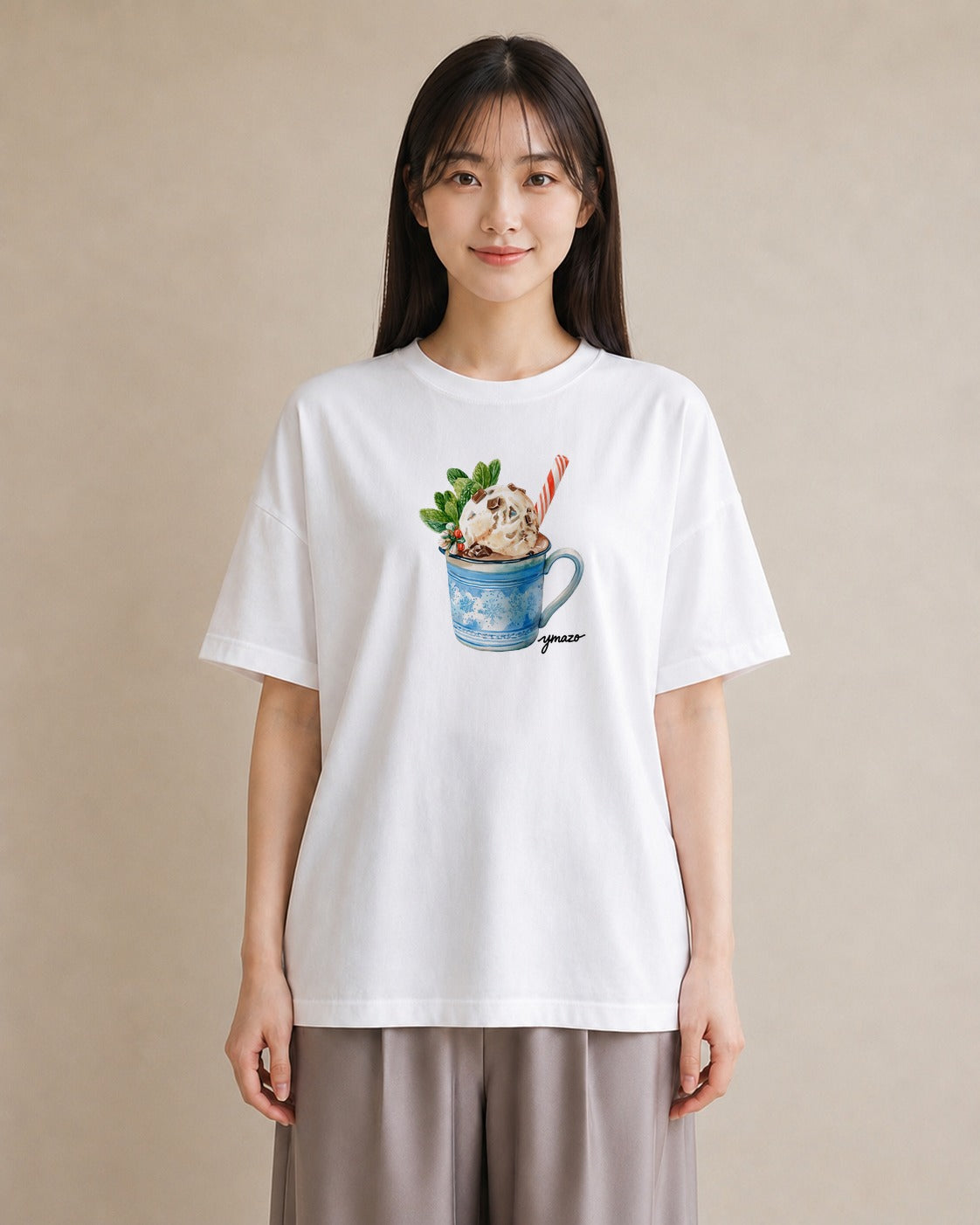 グラフィックTシャツ レディース パフェ 食べ物 フード イラスト フェミニン デイリーウェア 休日 白T YMAZO