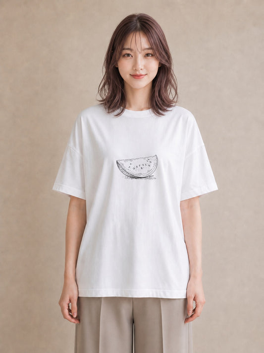 Tシャツ レディース メロン 食べ物 フード イラスト ニュアンス 母の日 ビーチ 白T YMAZO