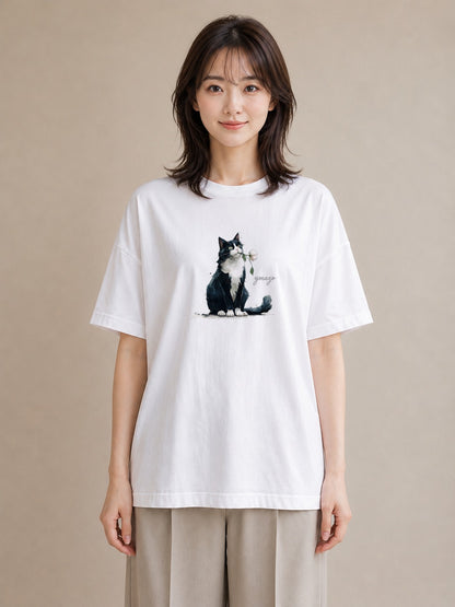 半袖Tシャツ レディース ハチワレ 白黒猫 猫 ねこ イラスト 手描き風 春服 ミセス 白T YMAZO