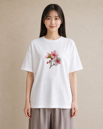 半袖Tシャツ レディース 梅 花 花柄 イラスト きれいめ 週末コーデ 敬老の日 白T