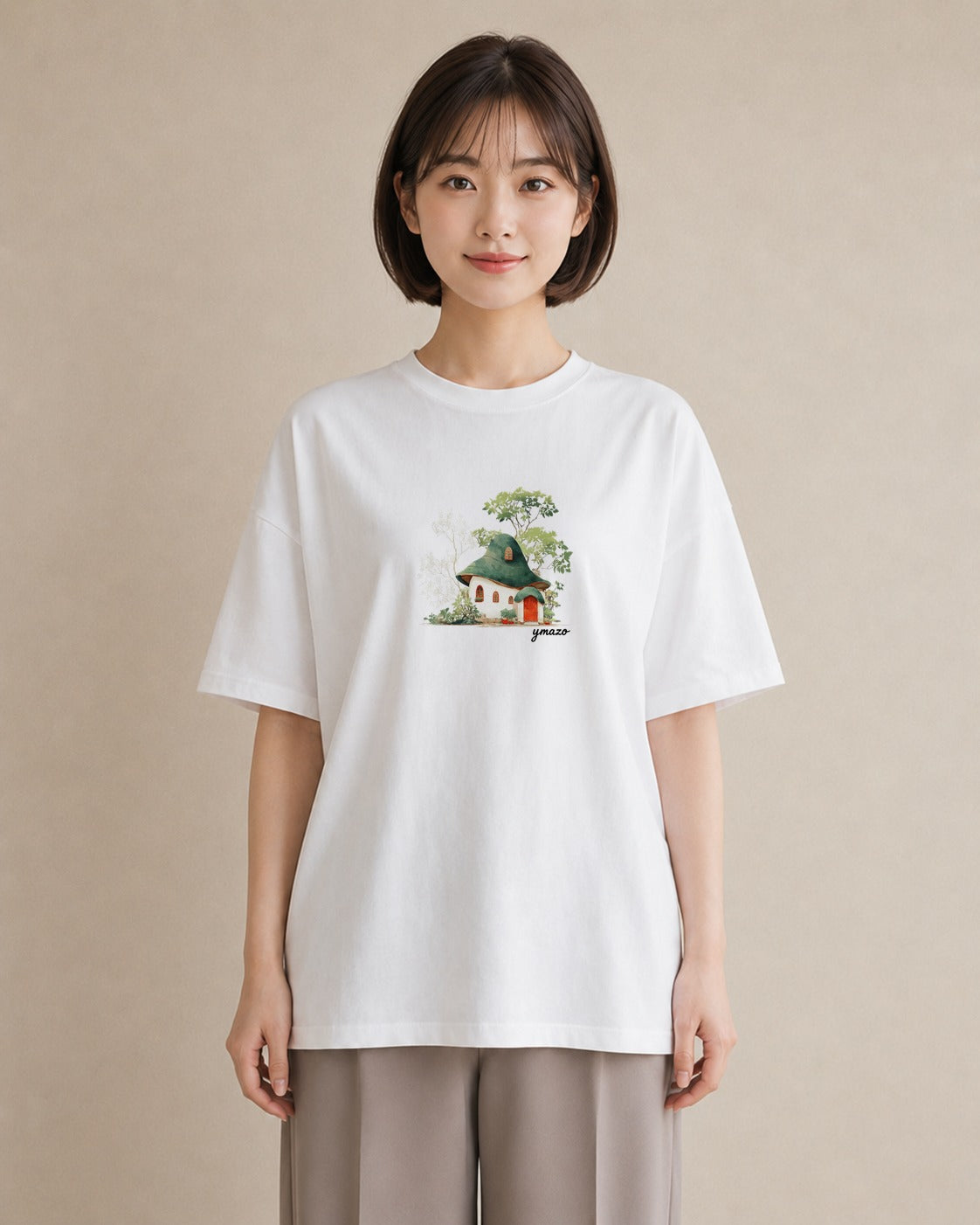 デザインTシャツ レディース 湖畔の小屋 湖 小屋 ナチュラル アンティーク イラスト ガーリー 海 カフェ巡り 白T YMAZO
