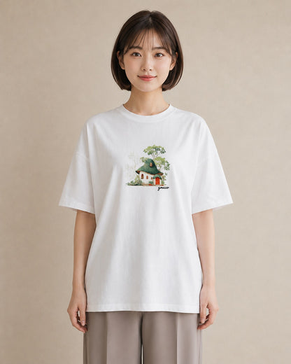 デザインTシャツ レディース 湖畔の小屋 湖 小屋 ナチュラル アンティーク イラスト ガーリー 海 カフェ巡り 白T YMAZO