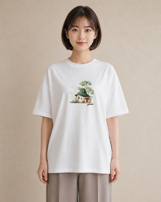 デザインTシャツ レディース 湖畔の小屋 湖 小屋 ナチュラル アンティーク イラスト ガーリー 海 カフェ巡り 白T