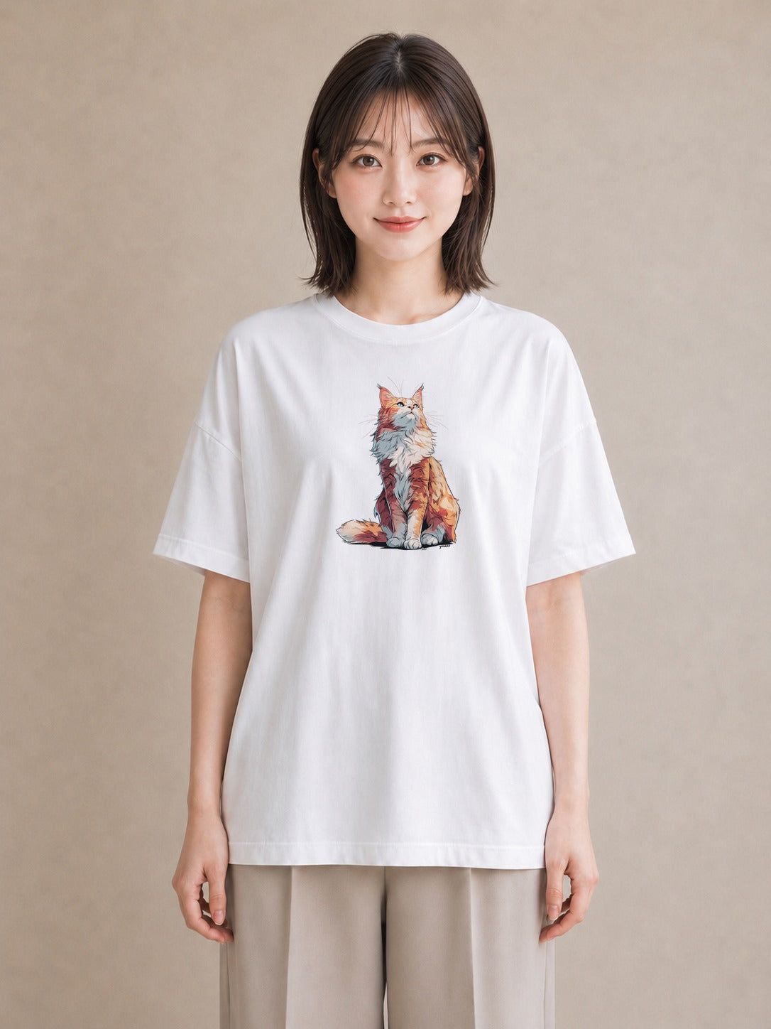 半袖Tシャツ レディース メインクーン 猫 ねこ イラスト ナチュラル 自分用 ルームウェア 白T YMAZO