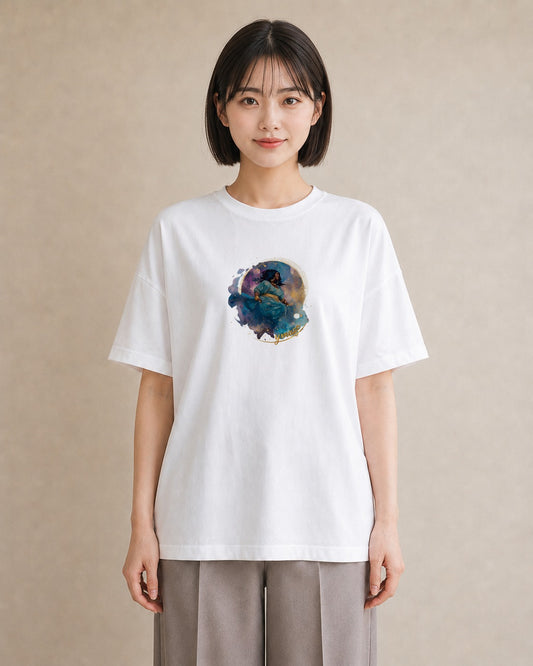 デザインTシャツ レディース 水瓶座 星空 宇宙 イラスト お洒落 カジュアルコーデ 買い物 白T YMAZO
