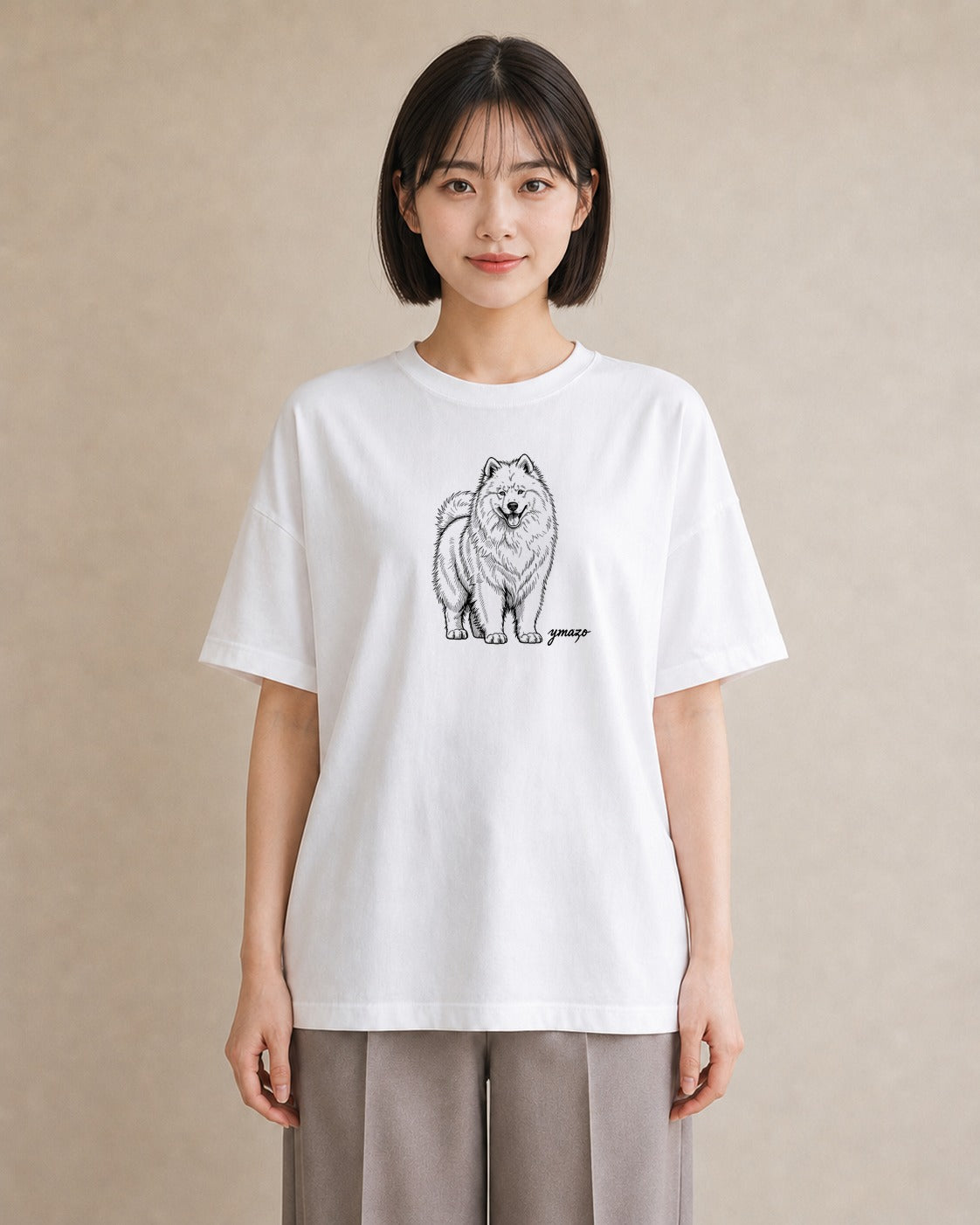 デザインTシャツ レディース サモエド 犬 いぬ イラスト きれいめカジュアル 夏コーデ 通学 白T YMAZO