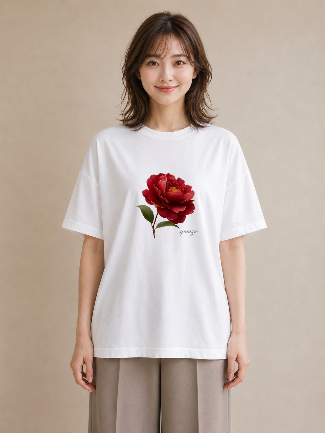 半袖Tシャツ レディース 椿 花 花柄 イラスト ユニーク 女性 旅行用 白T