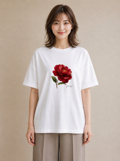 半袖Tシャツ レディース 椿 花 花柄 イラスト ユニーク 女性 旅行用 白T