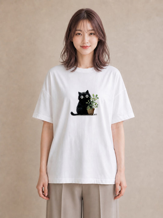 半袖Tシャツ レディース 黒猫 猫 ねこ イラスト 韓国風 普段着 週末コーデ 白T YMAZO