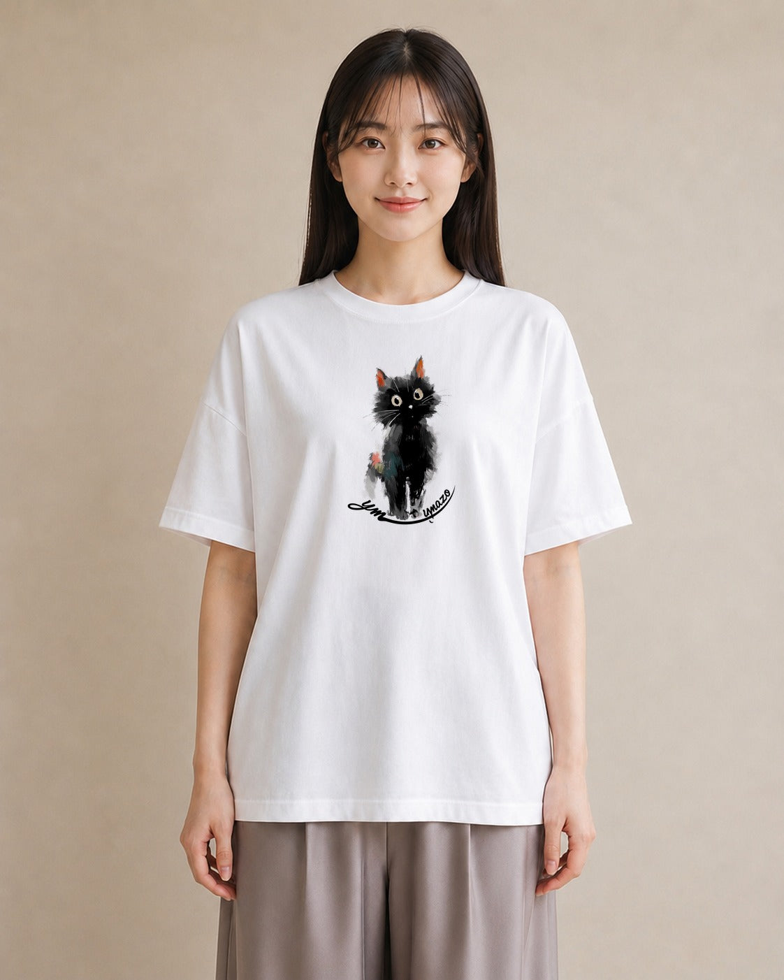 Tシャツ レディース ハチワレ 白黒猫 猫 ねこ イラスト きれいめカジュアル 帰省 ラフ 白T YMAZO