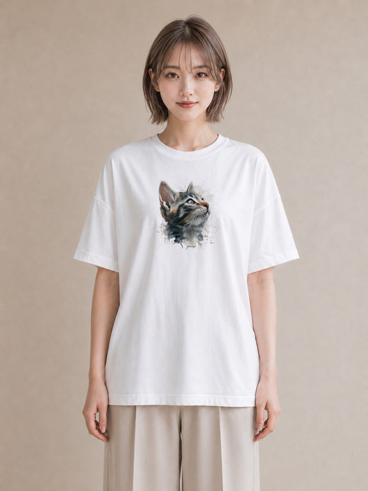 半袖Tシャツ レディース 猫 ねこ イラスト きれいめカジュアル 在宅 公園 白T YMAZO