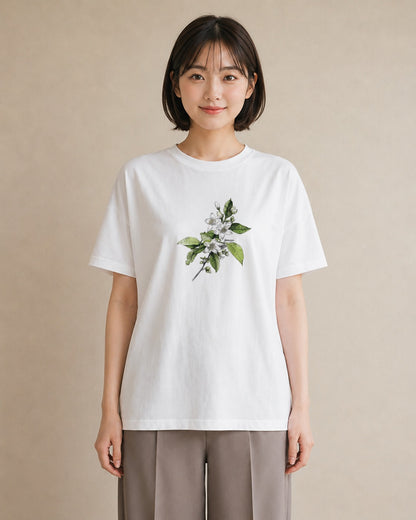 半袖Tシャツ レディース 金木犀 花 花柄 イラスト 手描き風 自分用 ルームウェア 白T