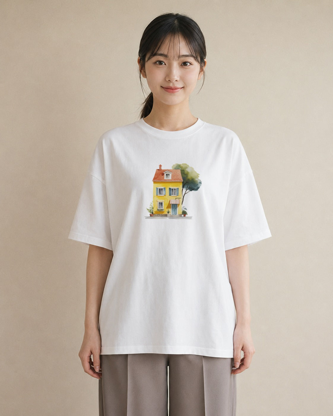 Tシャツ レディース 灯りの家 小屋 夜 ナチュラル アンティーク イラスト 上品 旅行 母娘コーデ 白T YMAZO