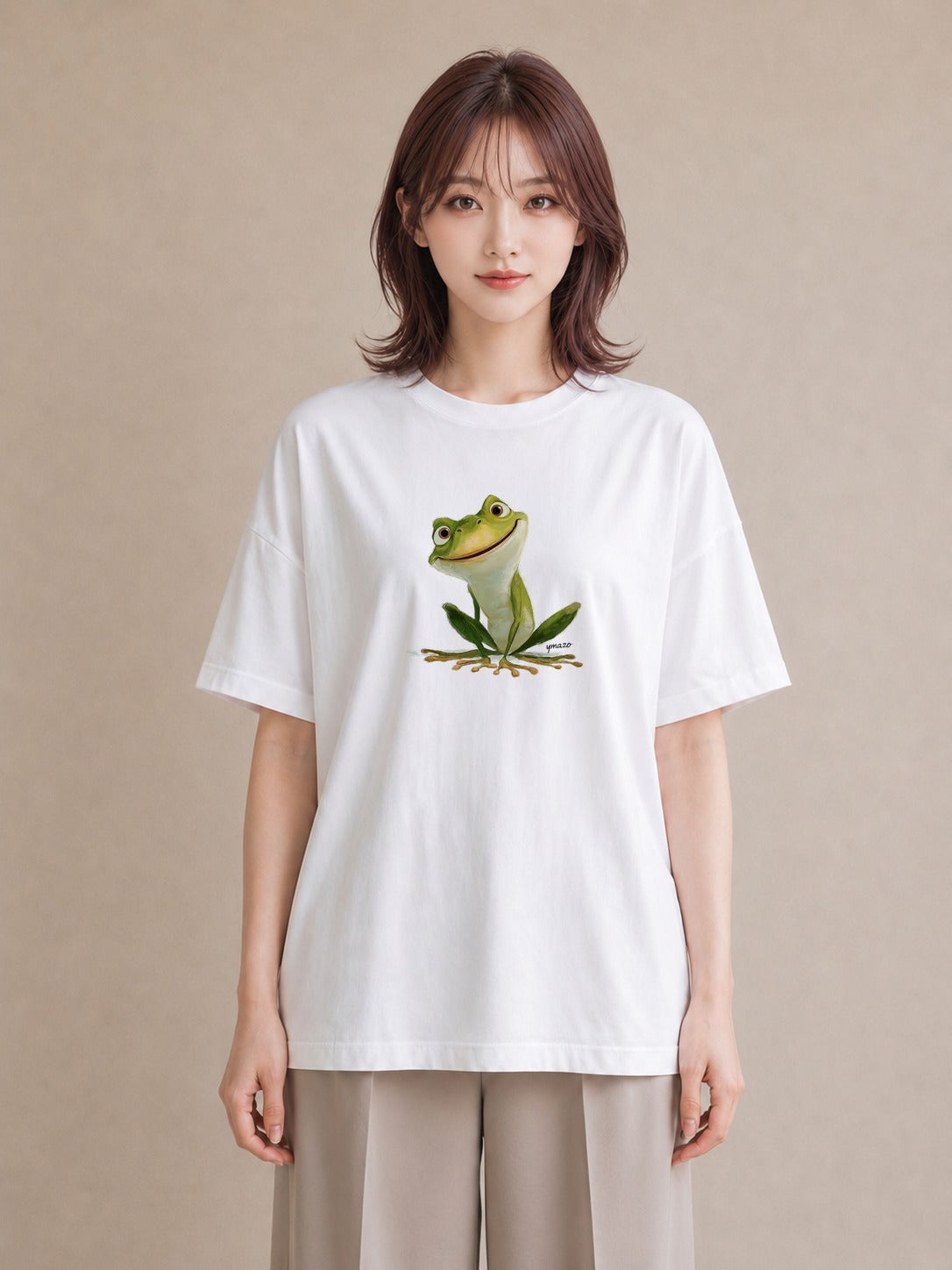 Tシャツ レディース アマガエル ペット 動物 イラスト きれいめカジュアル 部屋着 女性向けギフト 白T YMAZO