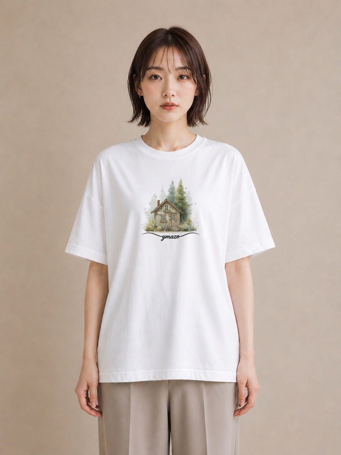 Tシャツ レディース 湖畔の小屋 湖 小屋 ナチュラル アンティーク イラスト ラフ 普段着 週末コーデ 白T YMAZO