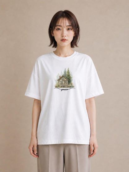 Tシャツ レディース 湖畔の小屋 湖 小屋 ナチュラル アンティーク イラスト ラフ 普段着 週末コーデ 白T YMAZO