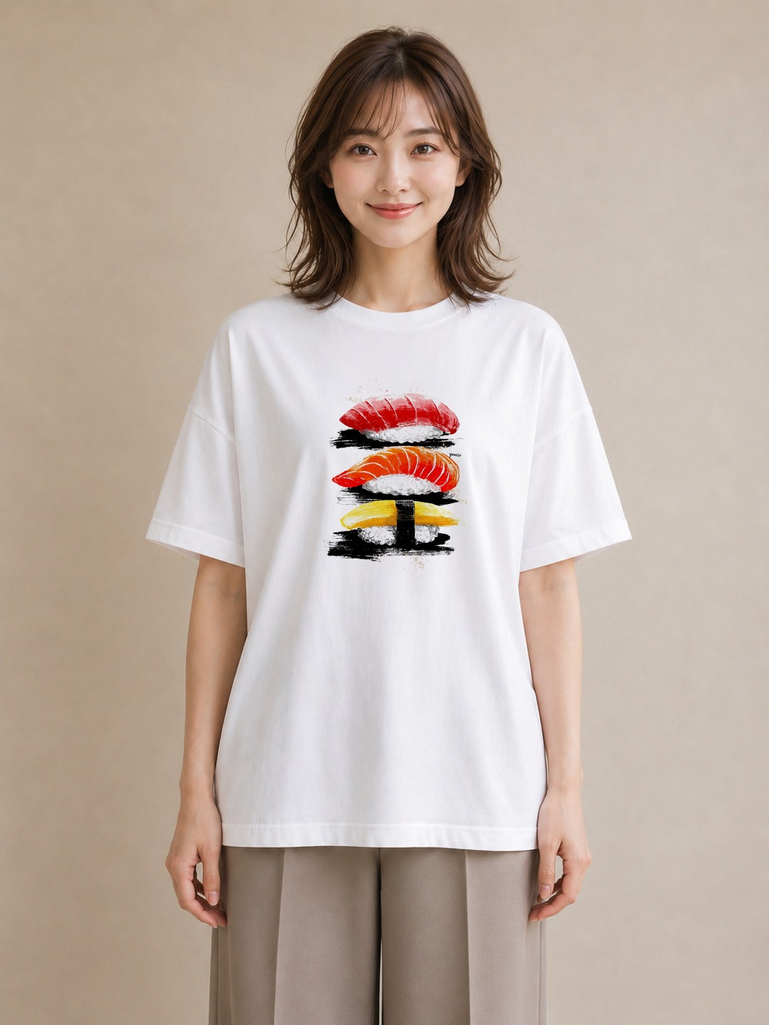 Tシャツ レディース お寿司 食べ物 フード イラスト ラフカジュアル 海 カフェ巡り 白T YMAZO