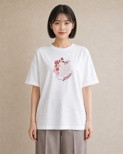 半袖Tシャツ レディース 扇子 そよ風 ナチュラル アンティーク イラスト シック 在宅 公園 白T YMAZO